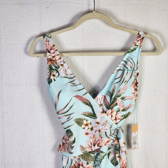 Kona Sol Sea Blue Pink Floral Lined High Coverage One Piece Bathing Suit SM 4-6 - Picture 3 of 16